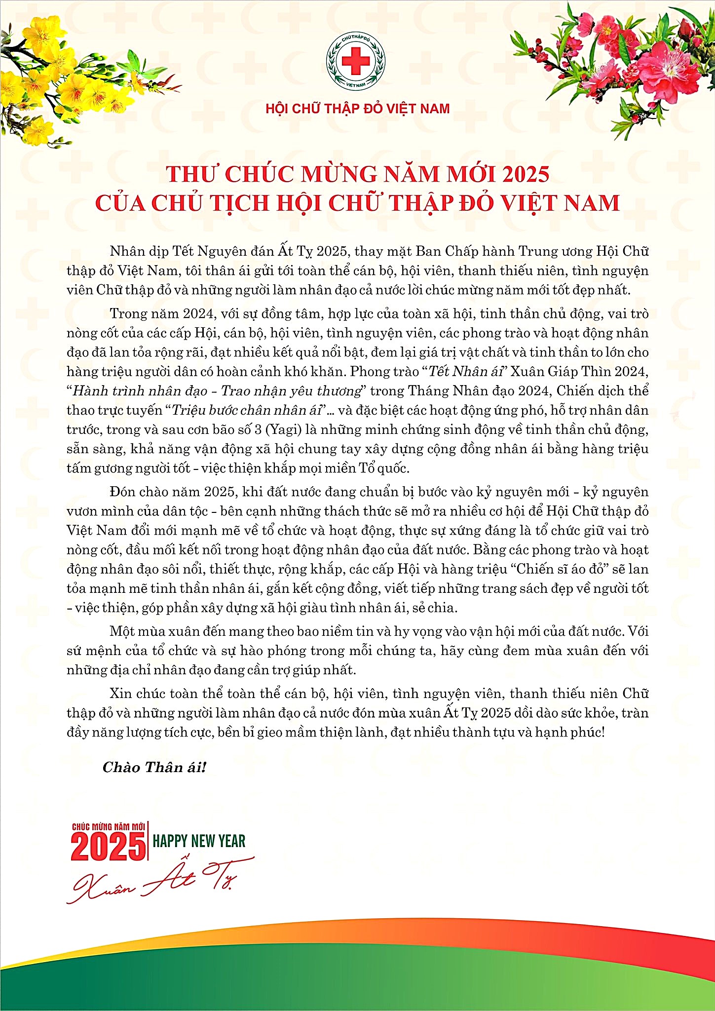 Thư chúc mừng năm mới 2025 của Chủ tịch Hội Chữ thập đỏ Việt Nam