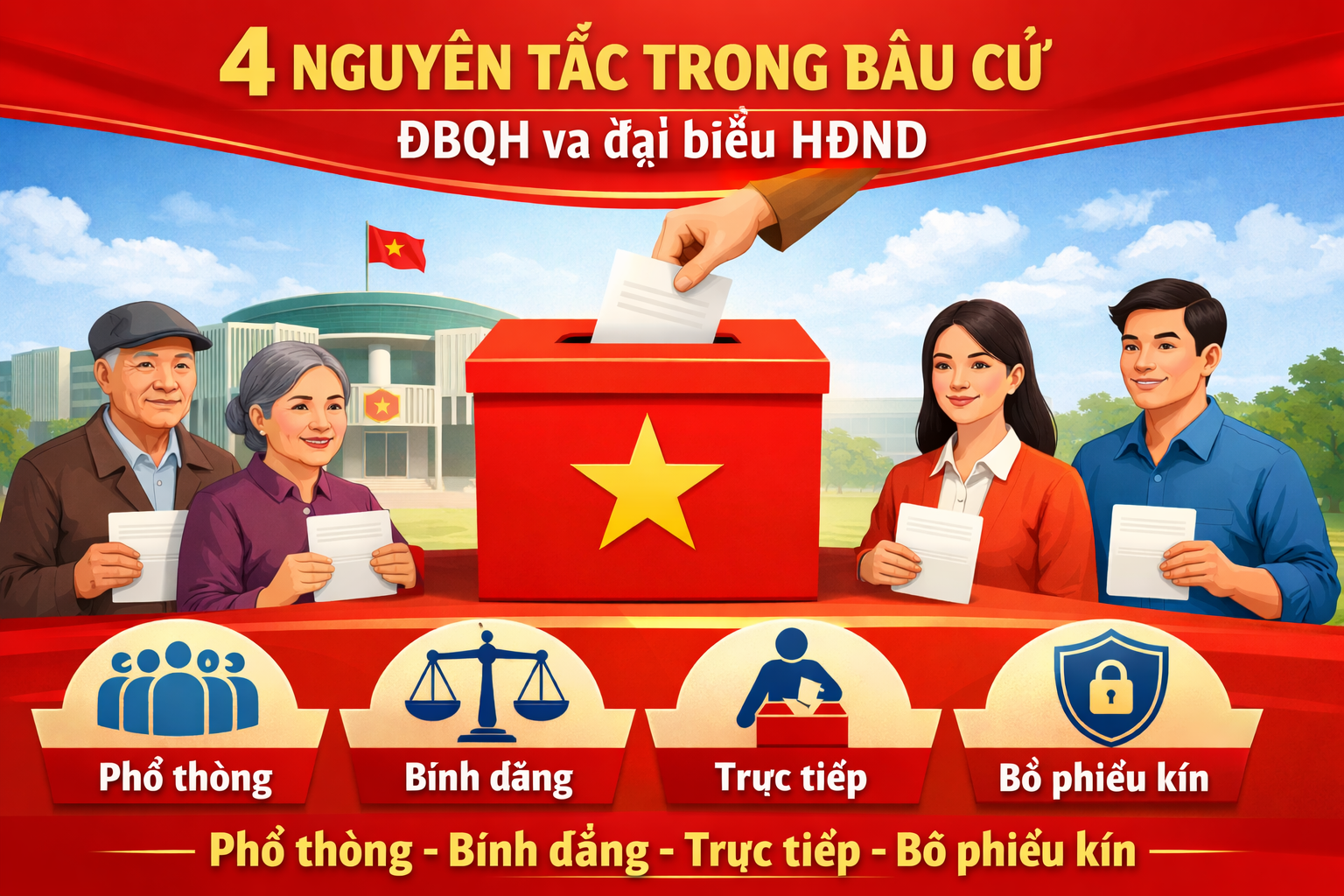 [Infographic] 4 nguyên tắc trong bầu cử ĐBQH và đại biểu HĐND
